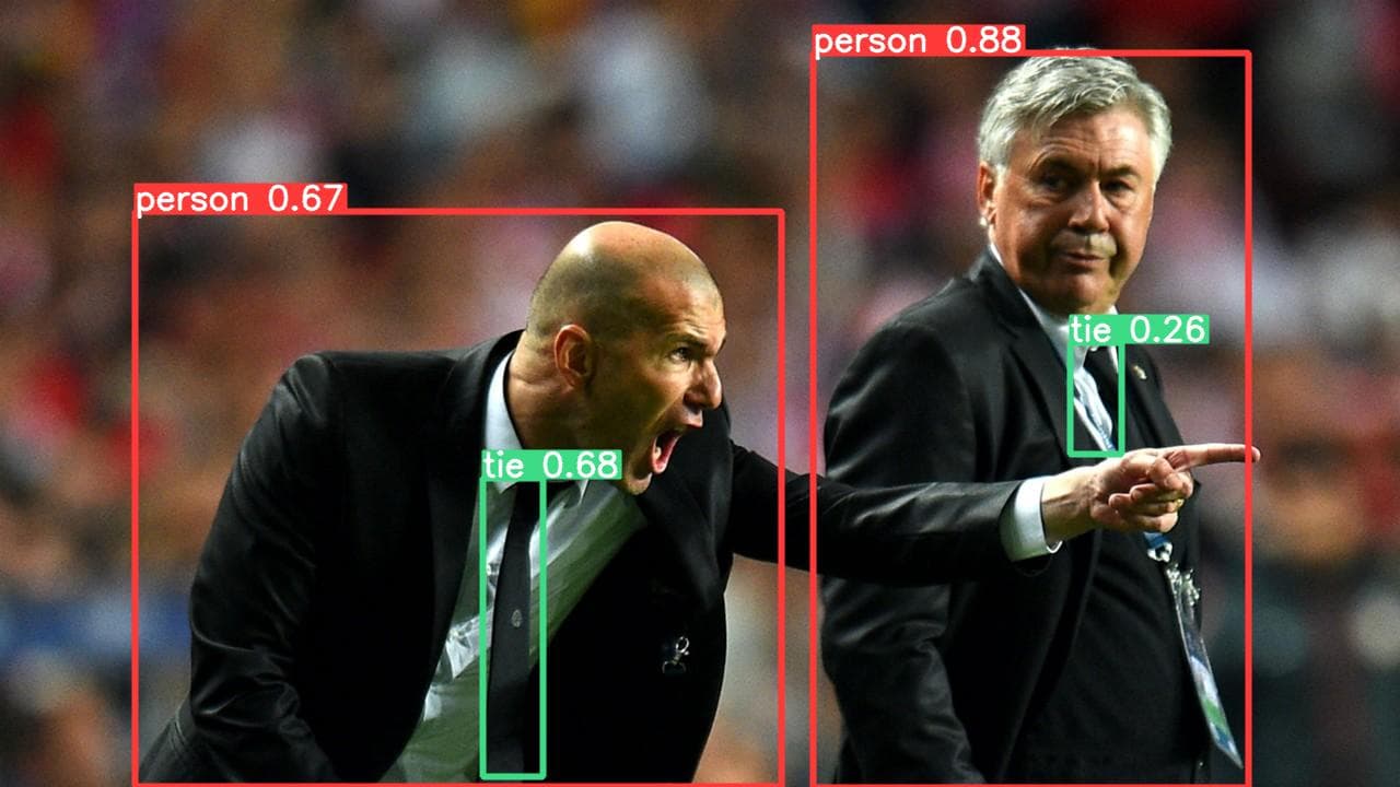 Using object detection to identify two people and their respective ties. YOLOv5 predictions.