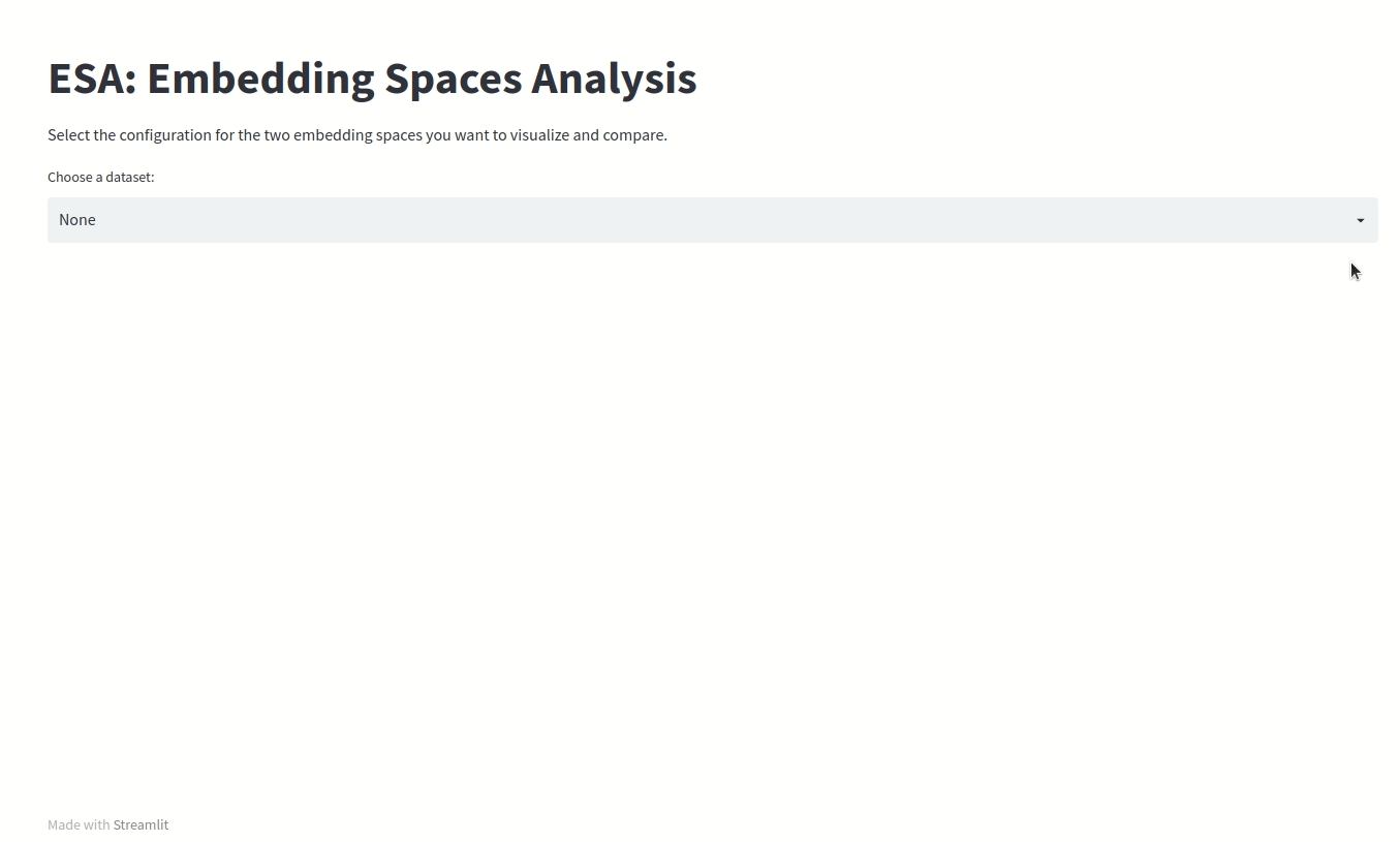 Specifying the dataset, the embedding spaces you want to visualize, the parameters for the kNN search and the dimension reduction technique for visualization