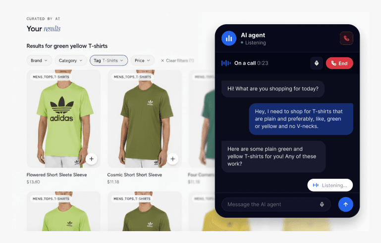 Asistente de compra con IA mostrando resultados de productos junto a una conversación con un agente de voz